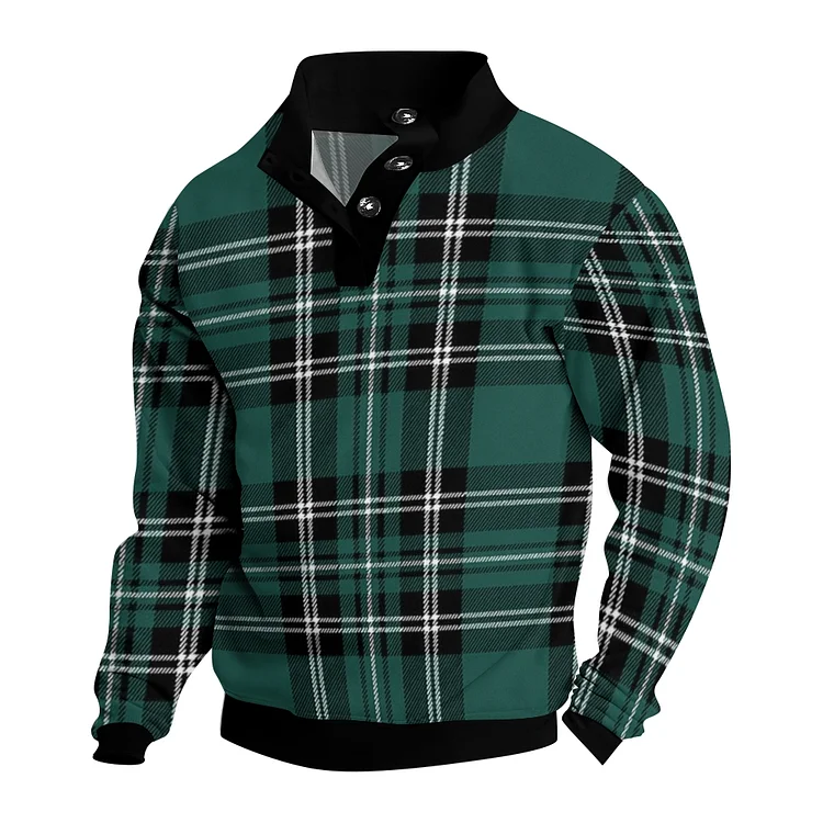 Men's Dark Green Stripes Casual Printed Button Stand Collar Sweatshirt
