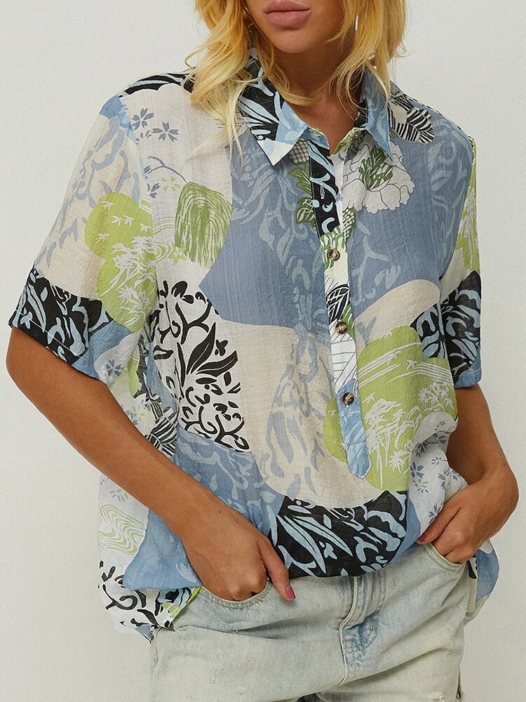 Multi color Floral Print Short Sleeve Shirt For Women P1668336