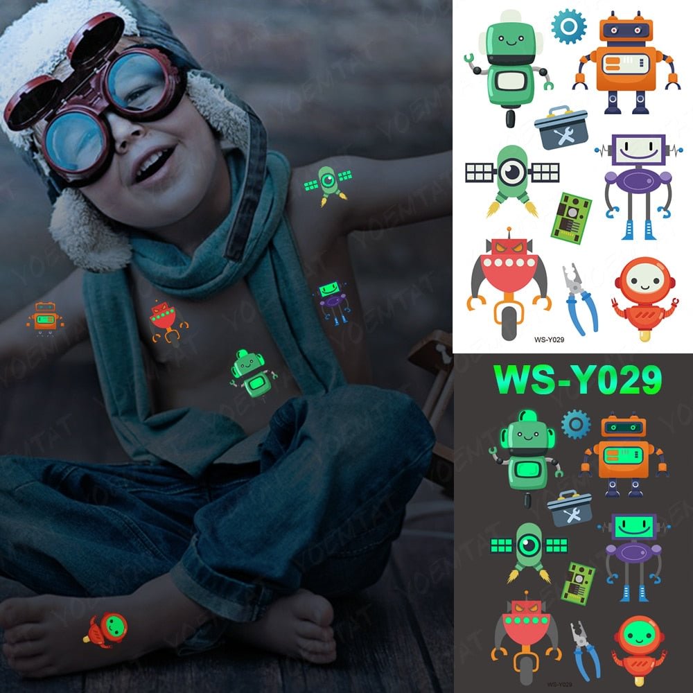 Luminous Glitter Tattoo Stickers Mechanical Gear Children Temporary Waterproof Robot Tatto Body Art Boy Kid Cartoon Fake Tatoo