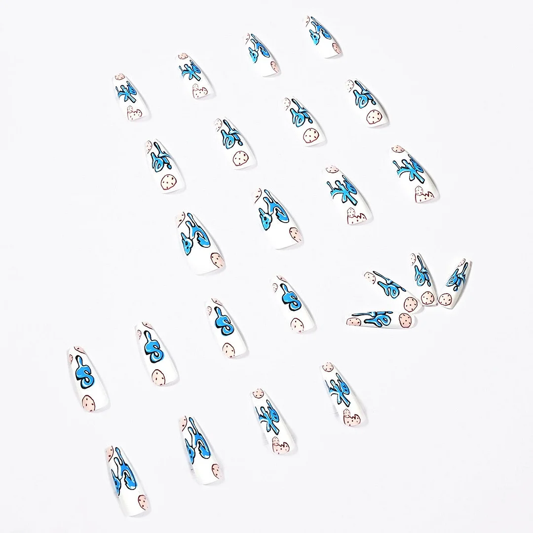 24pcs Cookie Pattern Fake Nails Full cover Fake Nails Glue DIY Manicure Nail Art Tools-Nail Inspo