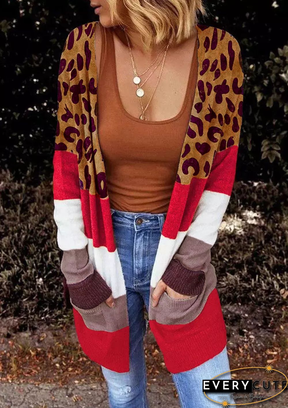 Leopard Color Block Pocketed Long Cardigan