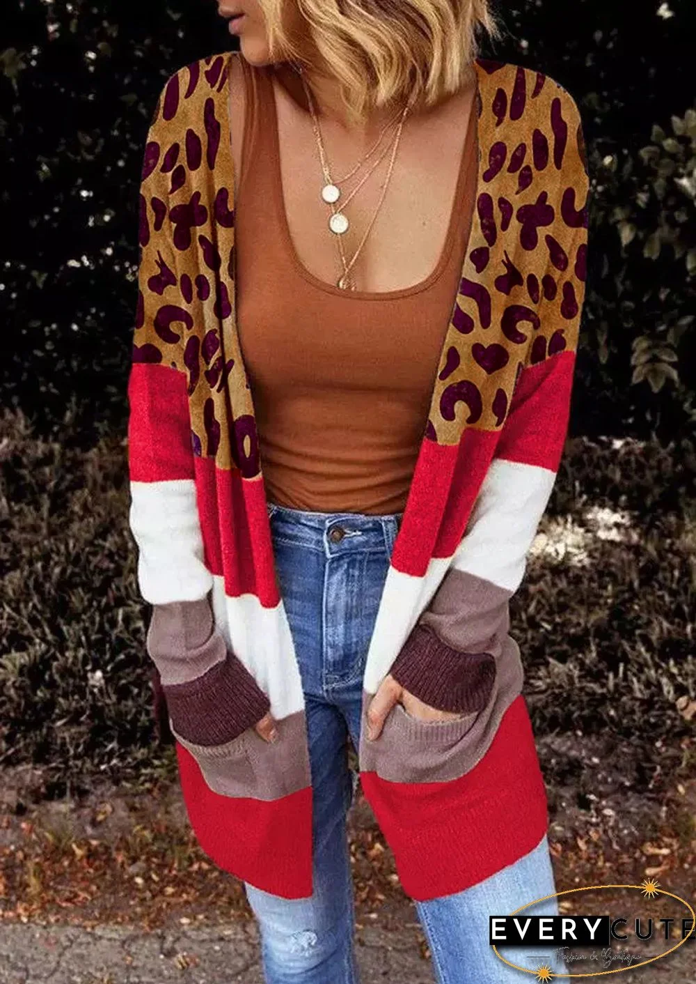 Leopard Color Block Pocketed Long Cardigan