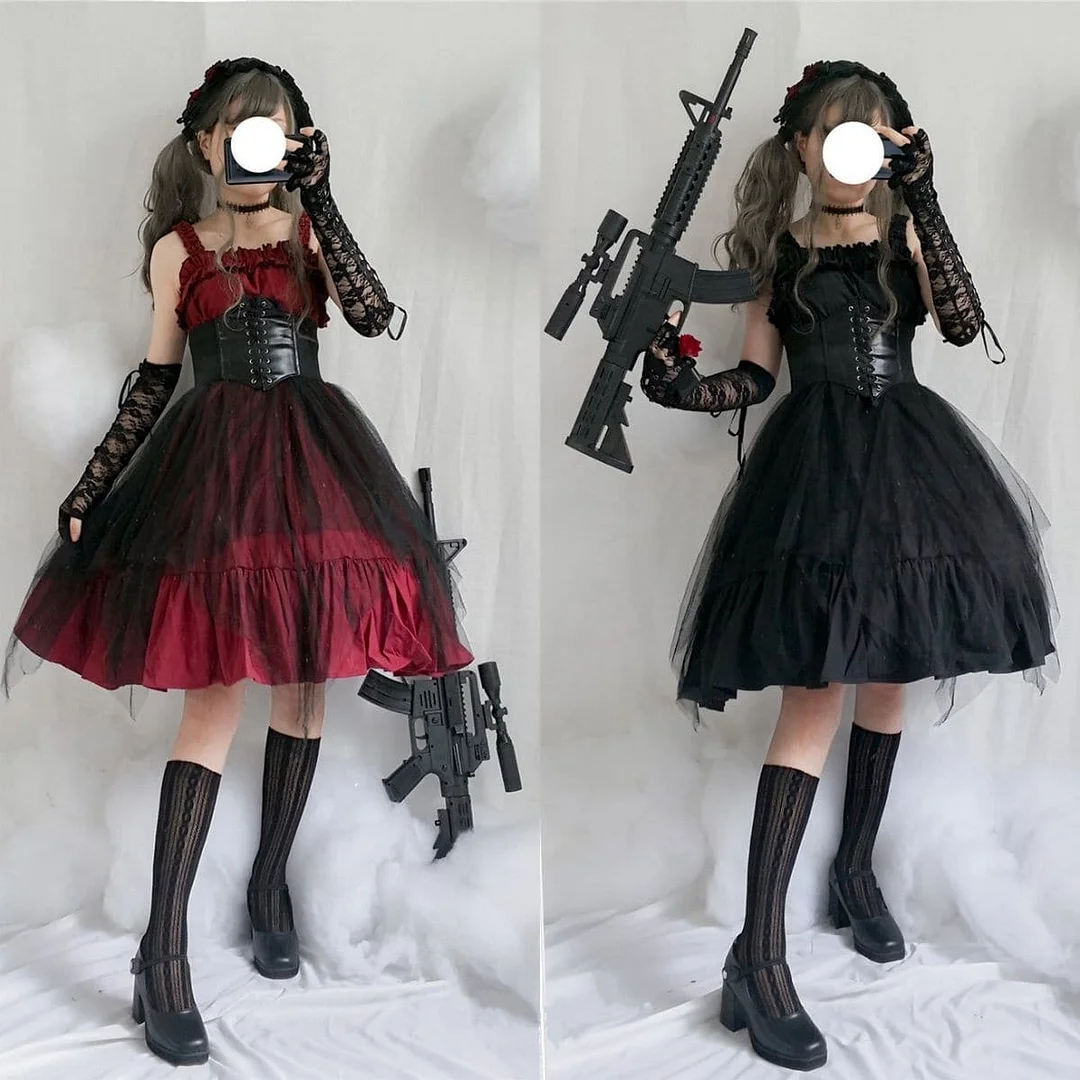 Red Black Mesh Sleeveless Gothic Ruffle Dress SP15204