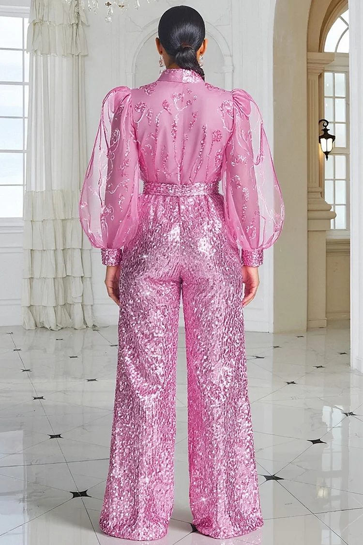 Xpluswear Design Plus Size Formal Pink Bow Tie Lantern Sleeve Long Sleeve Contrast Elegant Wide Leg Sequin Jumpsuits [Pre-Order]