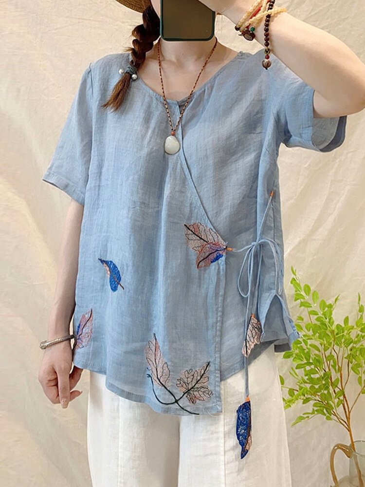 Leaves Print Lace Up V neck Overhead Short Sleeve Cotton Blouse P1718498