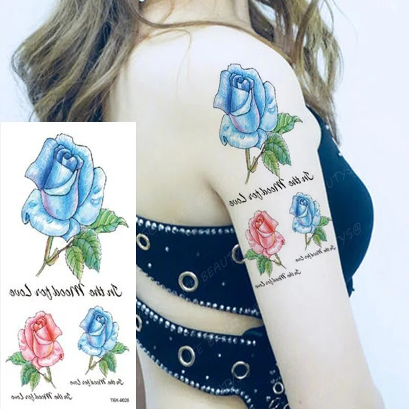 Sdrawing Temporary Flower Tattoos Women Fashion Beauty Rose Butterfly Flash 3D Fake Tattoo Arm Sleeve Pink Blue Sticker Girl