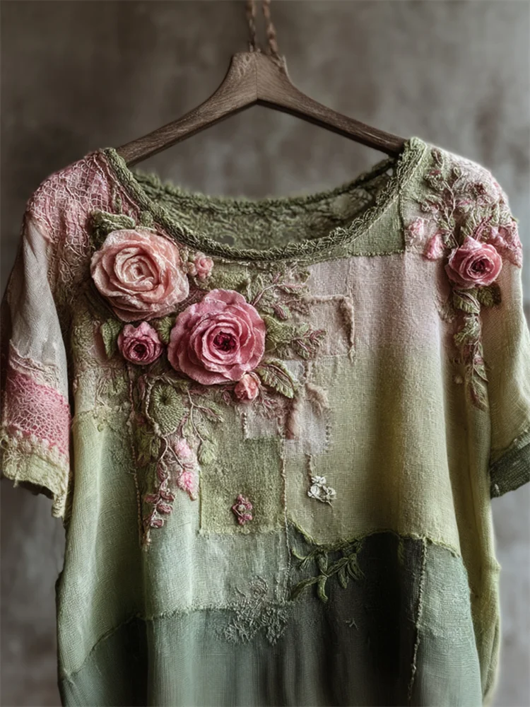 Vintage Pink Roses Cottage Patchwork Linen Tunic