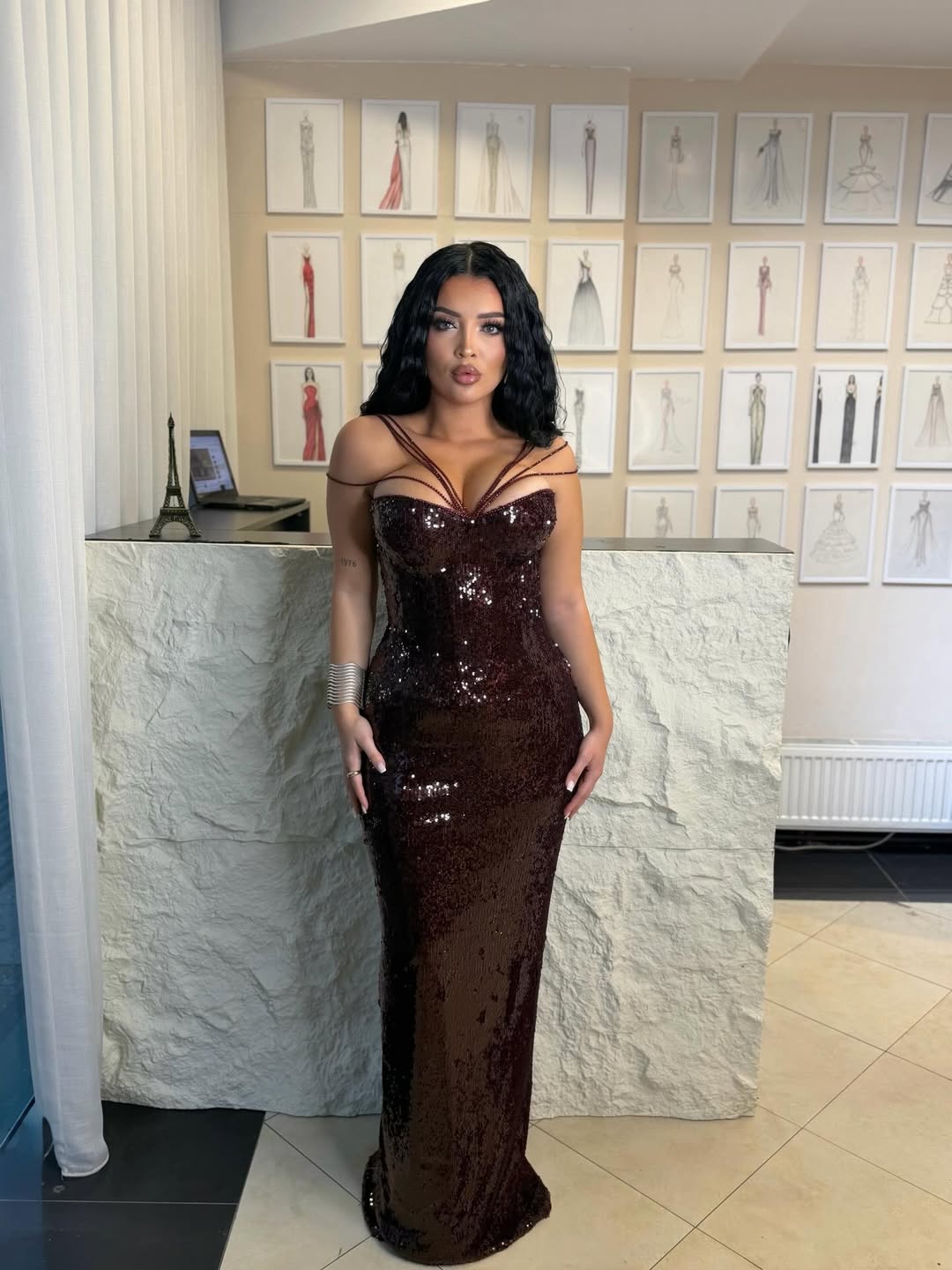 Lussooy Charming Chocolate Sequins Sleeveless Spaghetti-Straps Prom Dress
