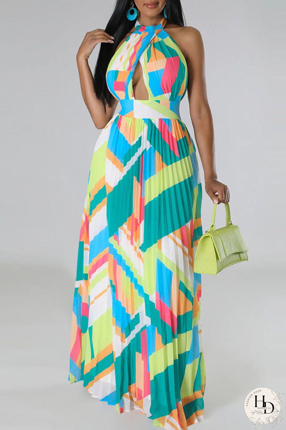 Black Sexy Print Patchwork Backless Fold Halter A Line Dresses