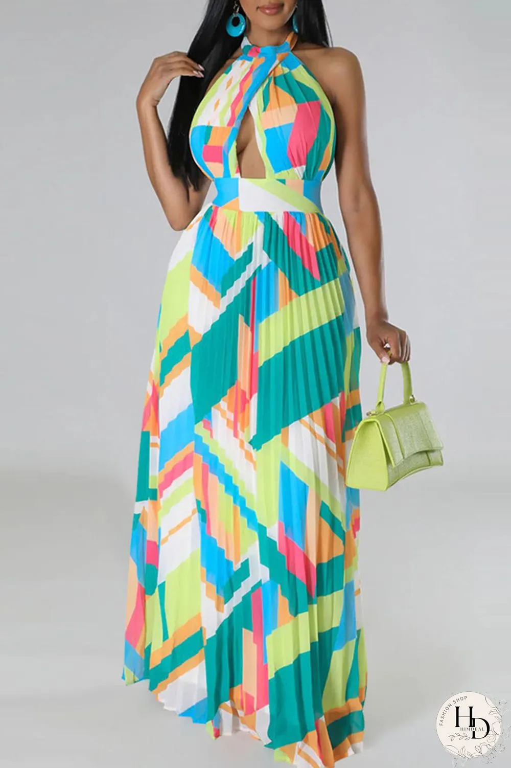 Black Sexy Print Patchwork Backless Fold Halter A Line Dresses