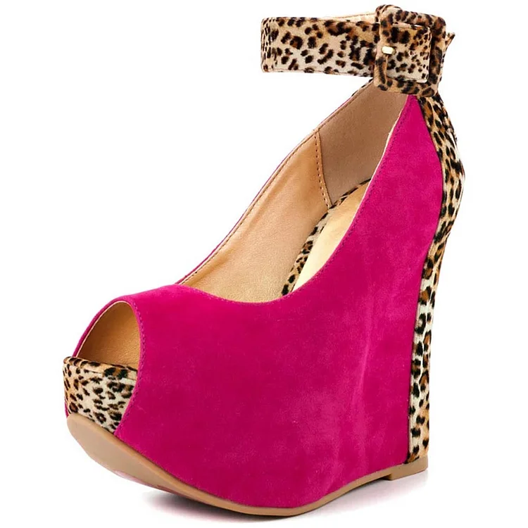 Magenta Leopard Print Wedge Heels Vegan Suede Ankle Strap Pumps |FSJ Shoes