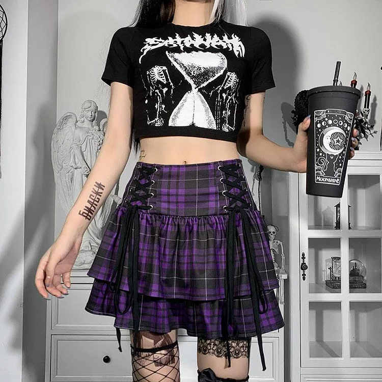 Gothic Plaid Lace Up Mini Slim Skirt