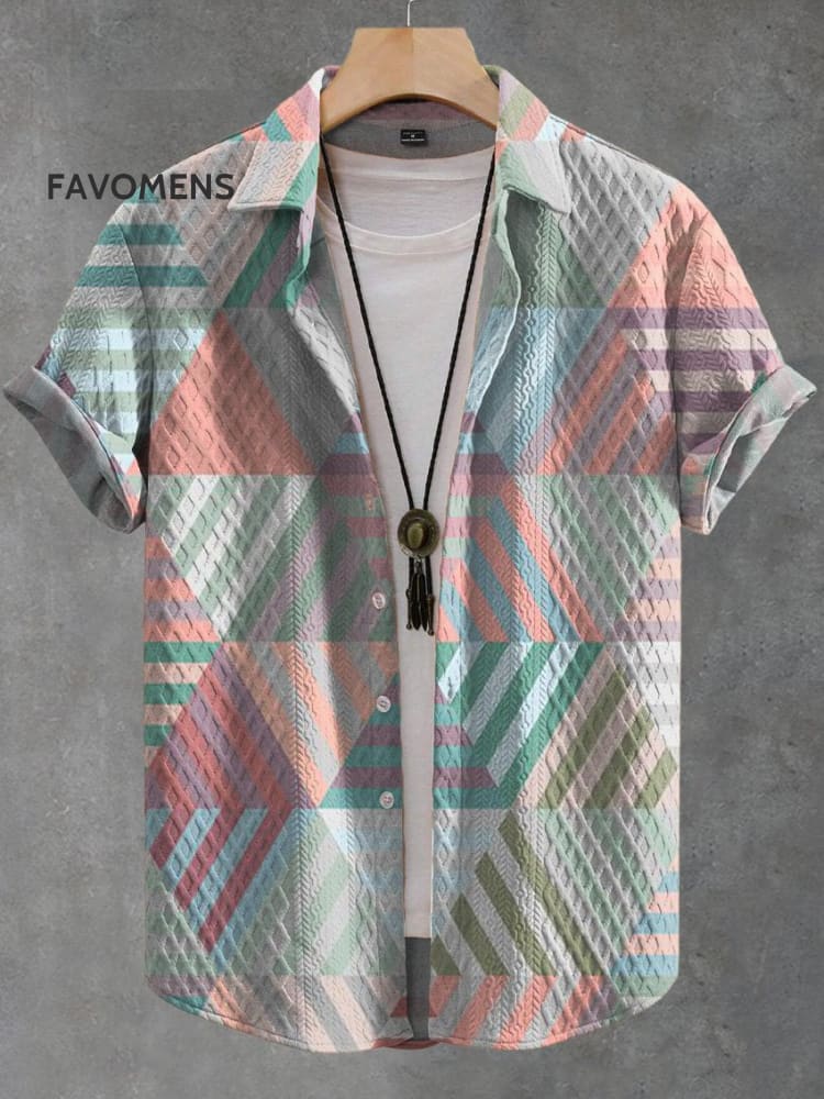 Retro Hand Drawn Triangular Plaid Pattern Print Casual Jacquard Shirt Multicolor / S