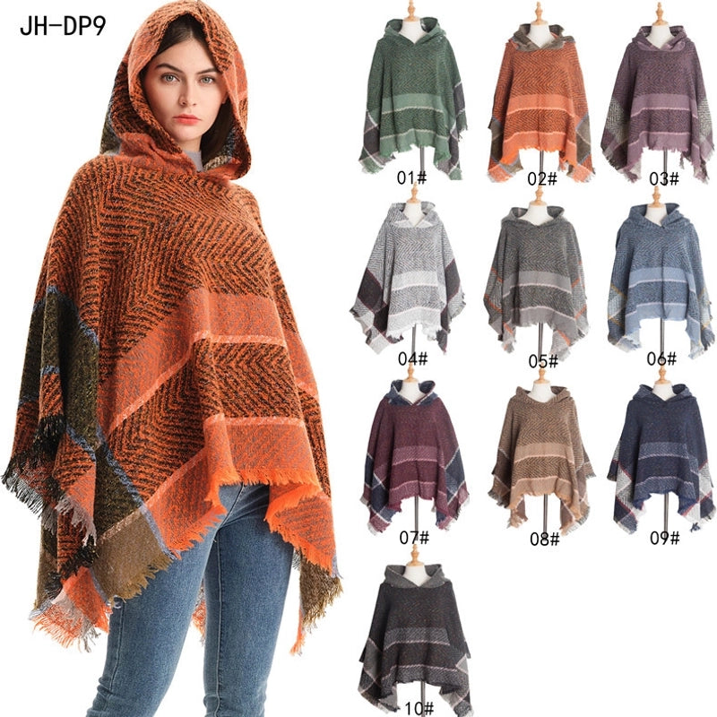 Factory Direct Supply New Spring And Autumn And Winter Fish Bone Pattern Ladies Hooded Shawl Pullover Cloak