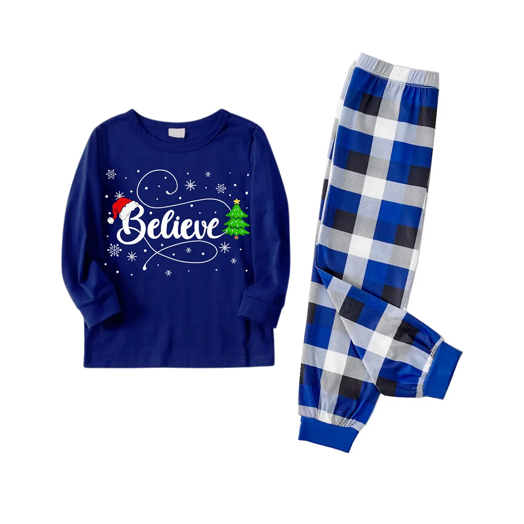"Believe" in Snowflakes Blue Long Sleeves with Blue&White&Black Plaid Pants Family Matching Pajamas
