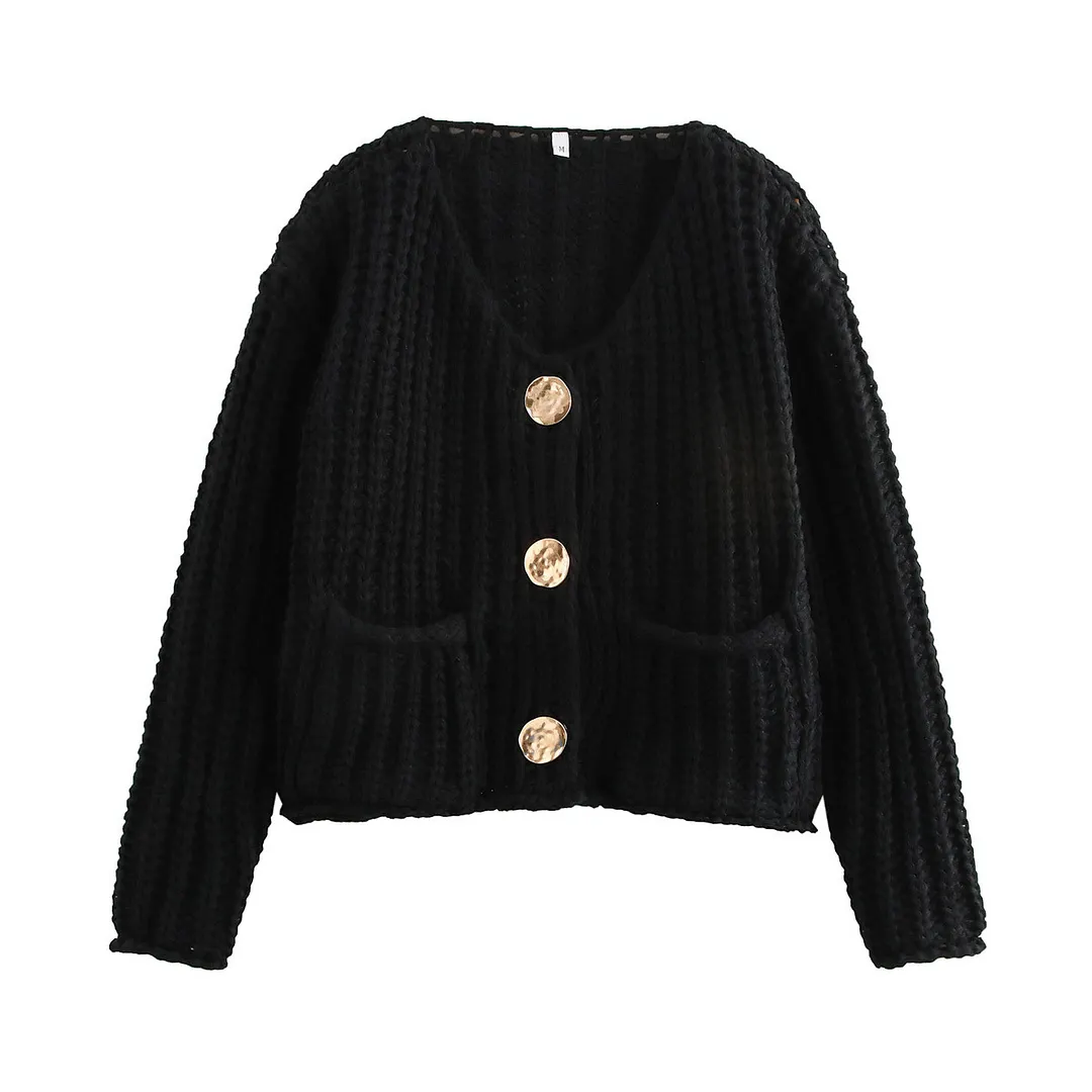 Nigikala Nigikala Women's Solid Color Single Buckle Double Pocket Short Thick Knit Shirt Coat Top B66004