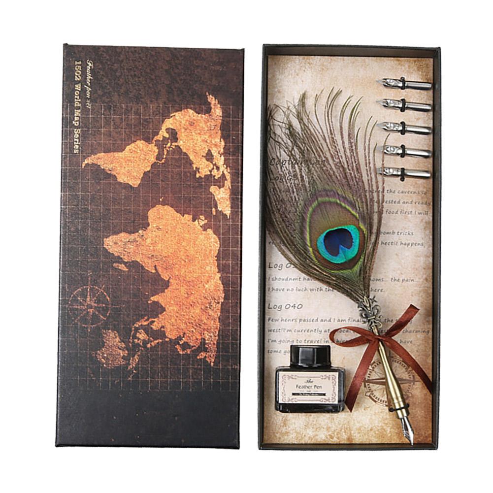 

Retro Peafowl Feather Dip Pen Writing Ink Set Fountain Pens Stationery Gift, 501 Original
