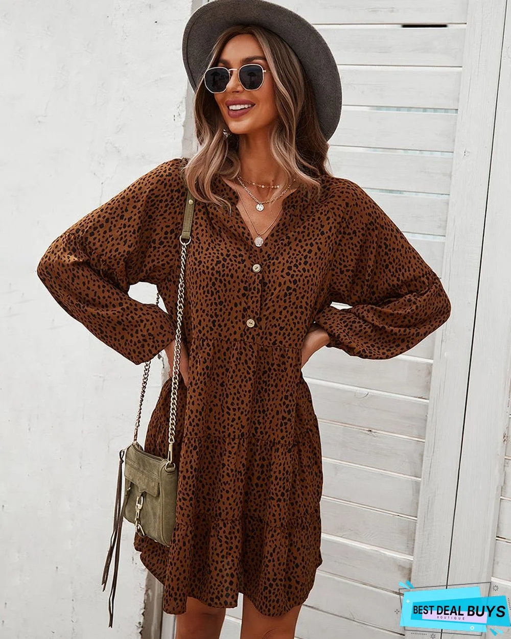 European and American Long Sleeve Fashion Women's Leopard Print Dress