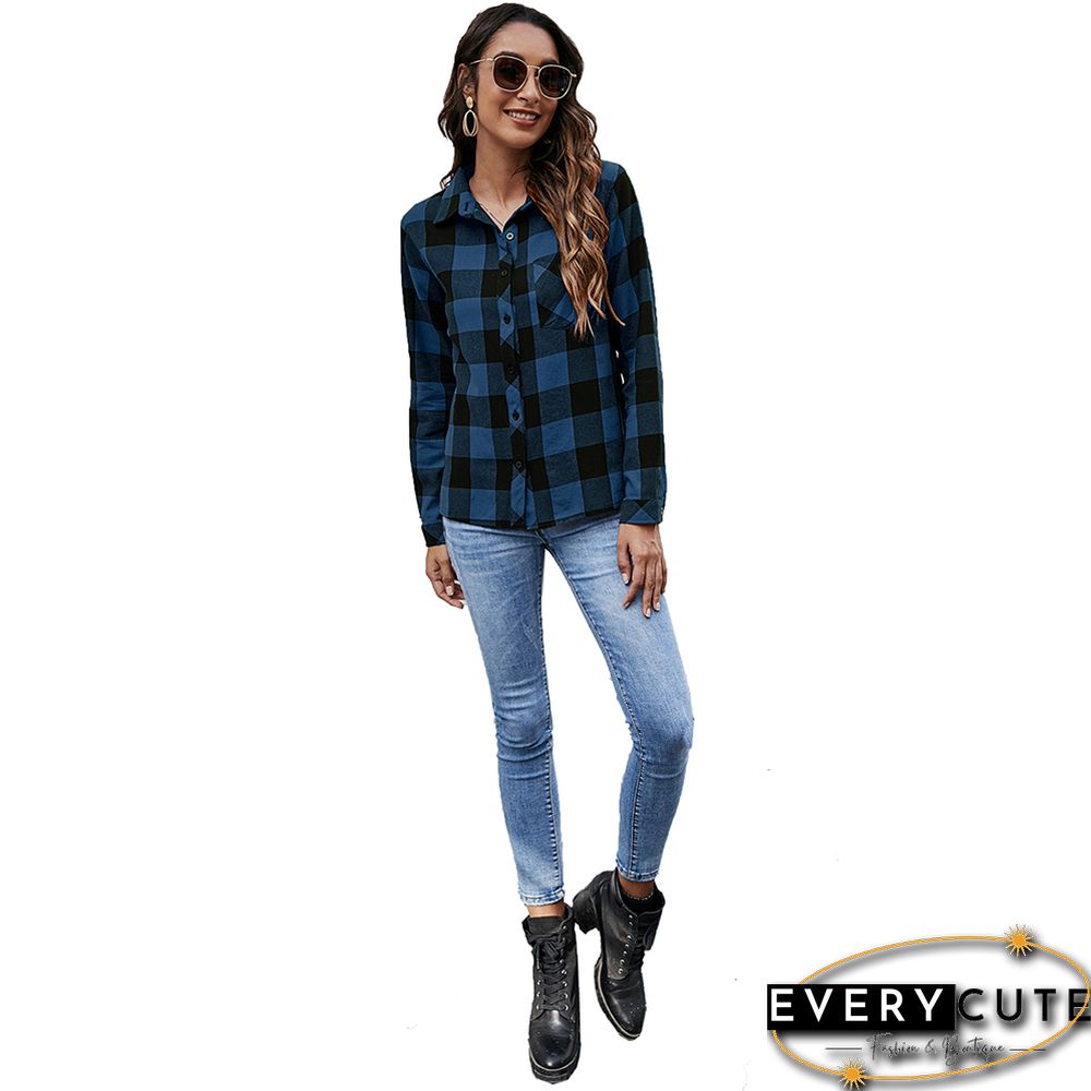 Navy Blue Plaid Print Cotton Shirt with Pockets