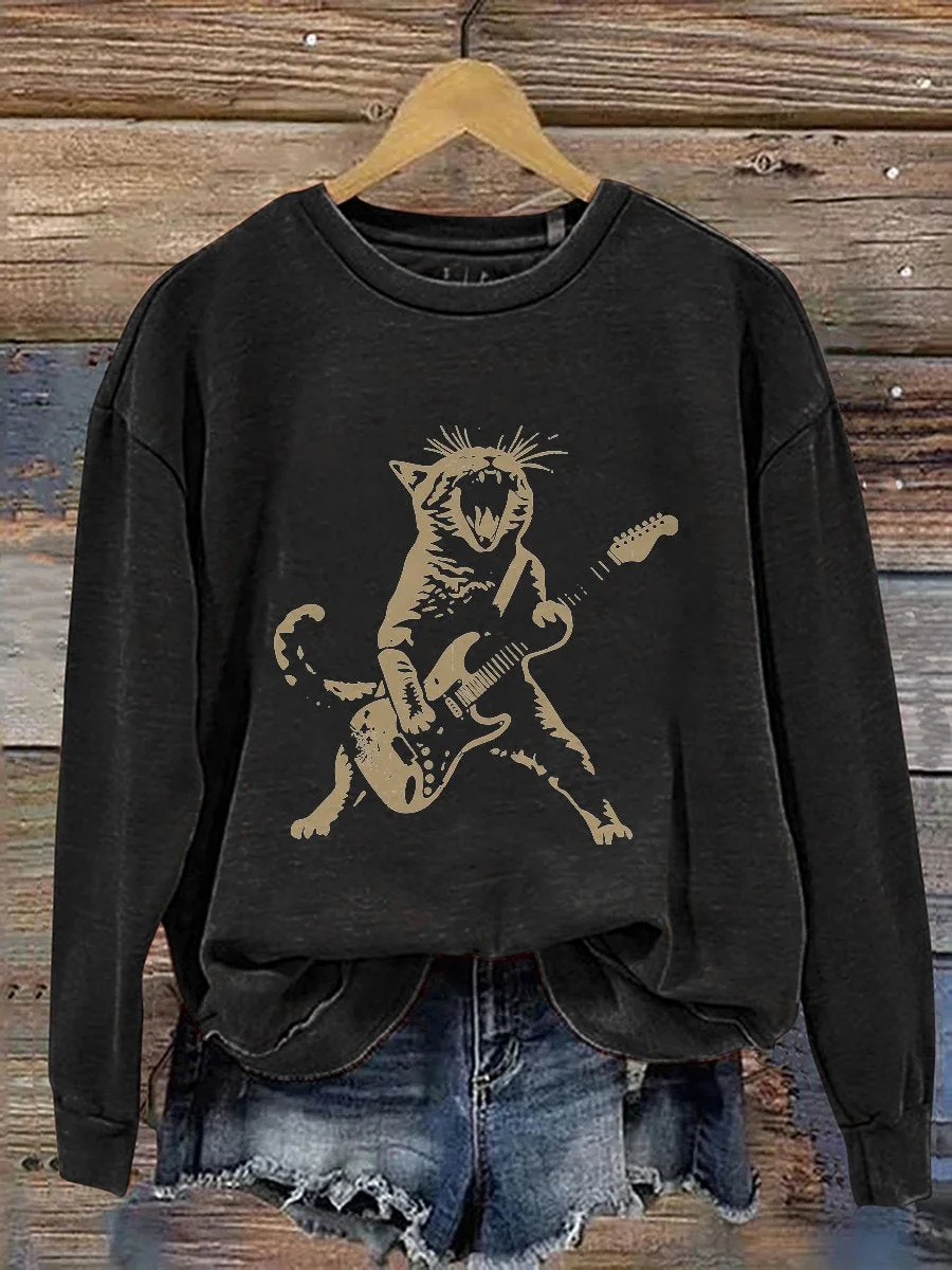 Eagerlys Rock Cat Playing Guitar A Funny Guitar Cat Casual Print Sweatshirt Eagerlys