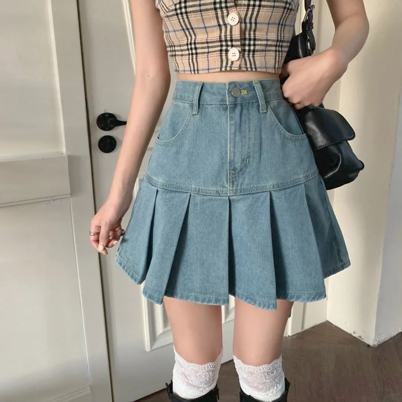 Casual Denim Mini Skirt Women Summer 2021 High-Waiste Harajuku Y2k Pleated Skirt Blue Japanese Korean Style Fashion Clothing New