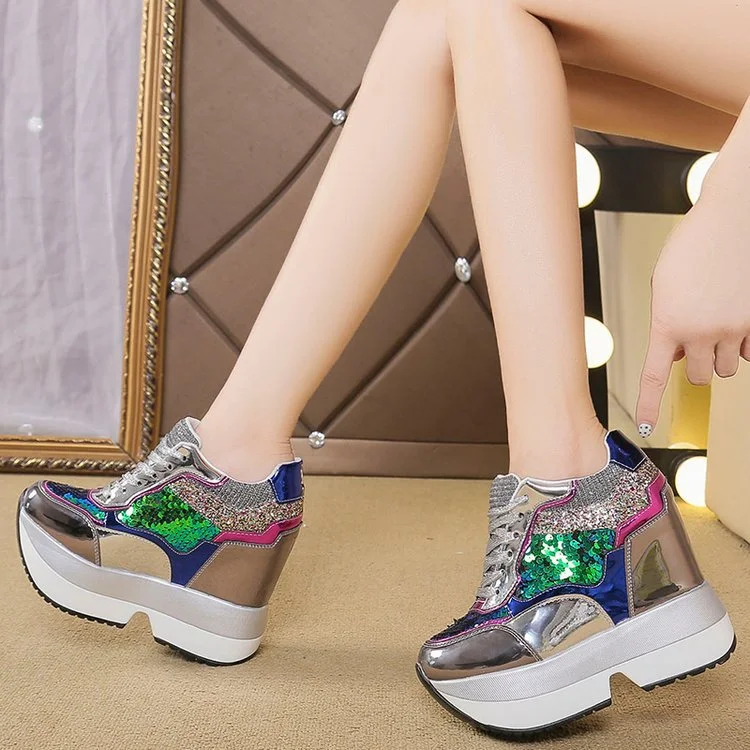 Wongn Wongn Women's Shoes Sequins Spell Color Belt Platform Inside Increased Ultra High Heel Casual Shoes Sports Shoes Women's Shoes