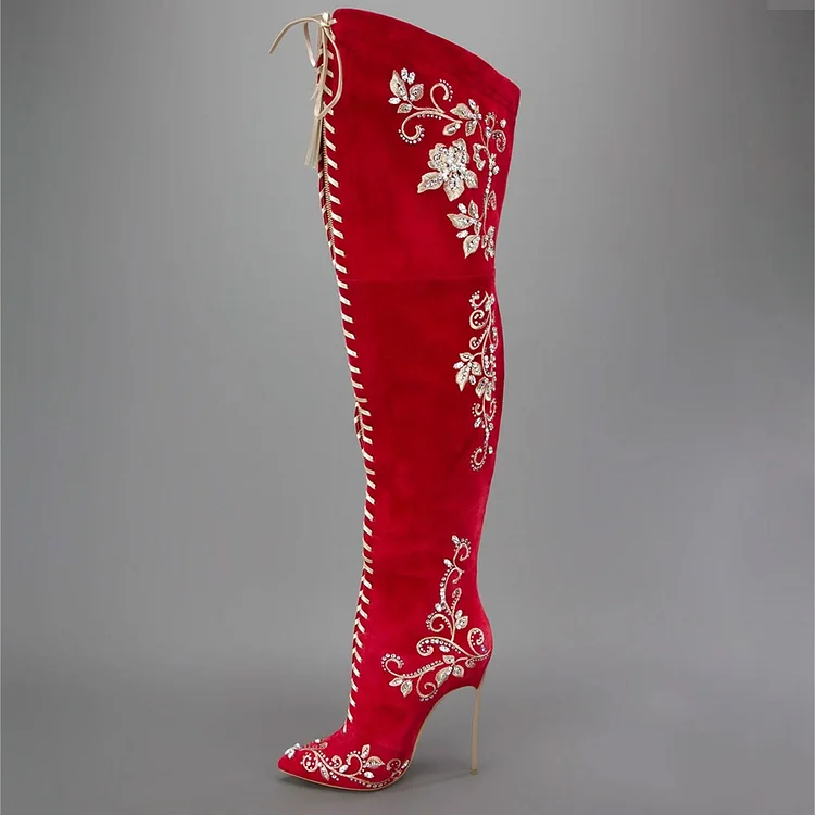 Custom Made Red Embroidered Lace Up Long Boots |FSJ Shoes
