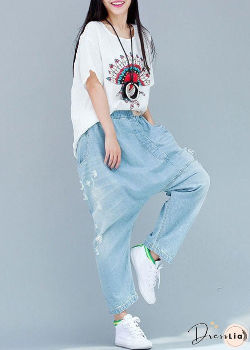 Navy Pockets Patchwork Ripped Jeans Pants Spring