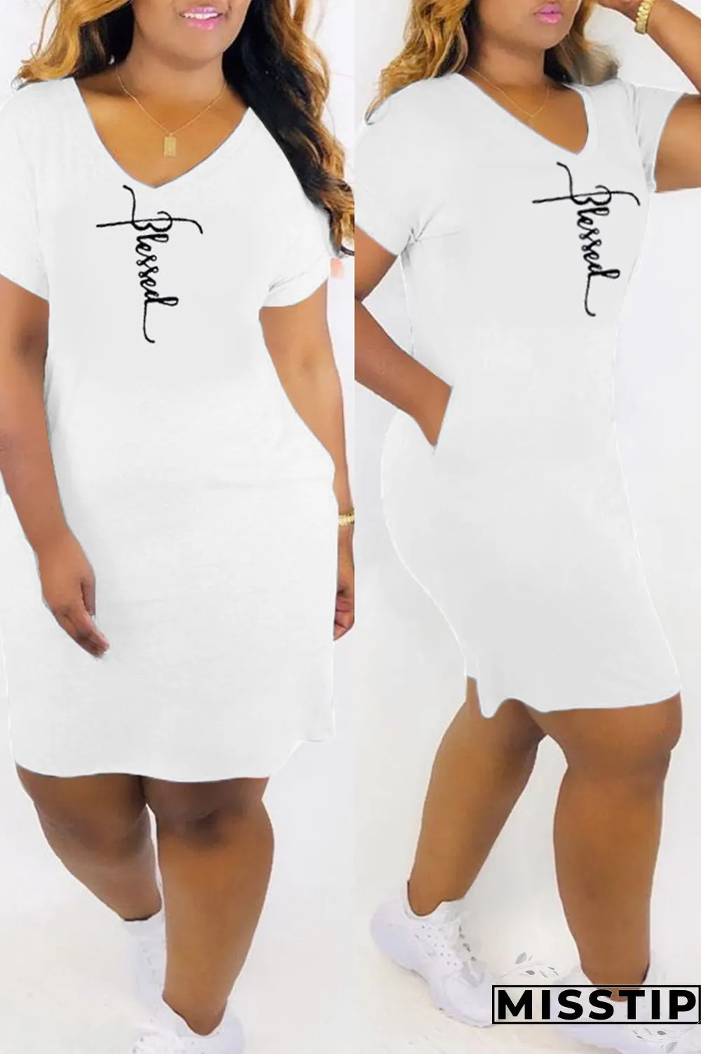 White Fashion Casual Print Basic V Neck Short Sleeve Dress