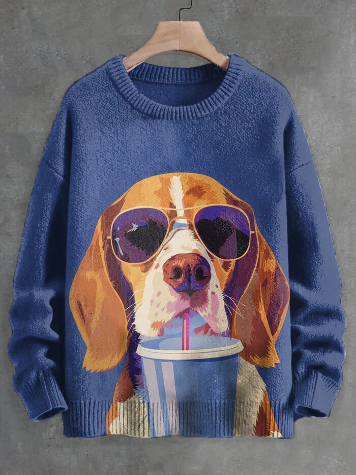 Men's Cool Dog Drinking Coffee Art Print Knit Sweatshirt