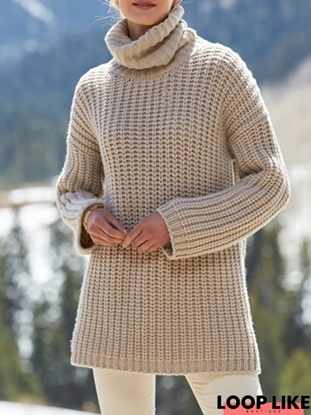 Apricot Long Sleeve Knitted Turtleneck Plus Size Sweater