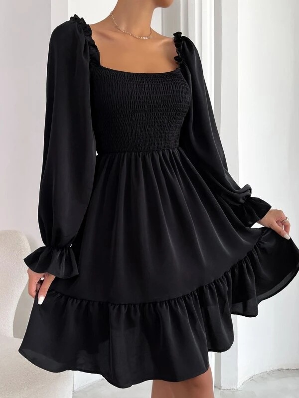 Mature Women Fit And Flare Long Sleeve Square Neck Ruffled Swing Dress