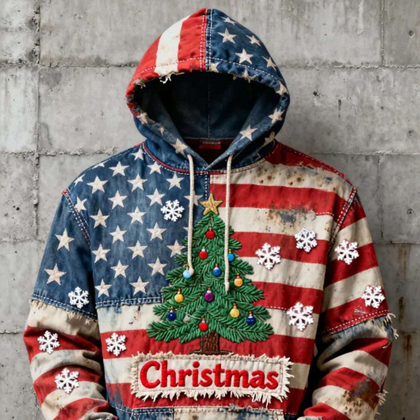 Men's Winter Christmas American Flag Patchwork Christmas Tree Oversized 3D Print Hoodie