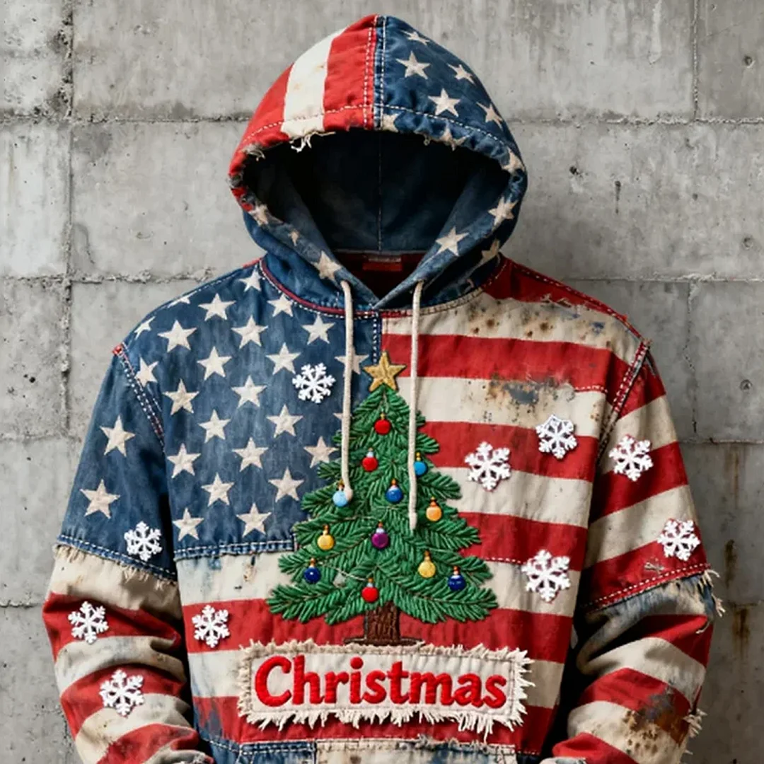 Men's Winter Christmas American Flag Patchwork Christmas Tree Oversized 3D Print Hoodie