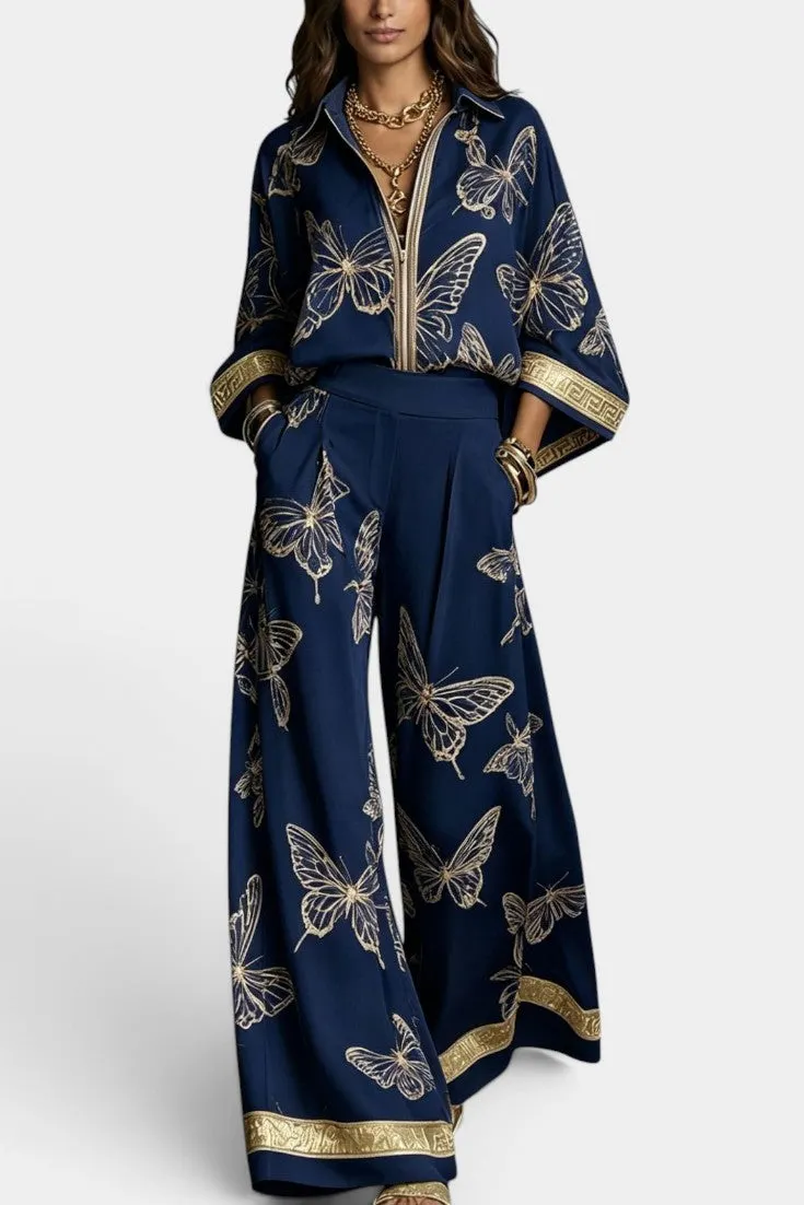 Butterfly Print Oversized Shirt & Wide-Leg Trousers Set