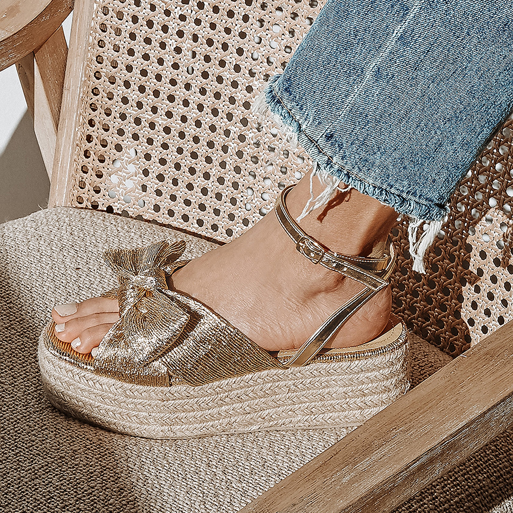 Gold Open Toe Wedge Heel Ankle Strap Espadrille Sandals with Bow Nicepairs