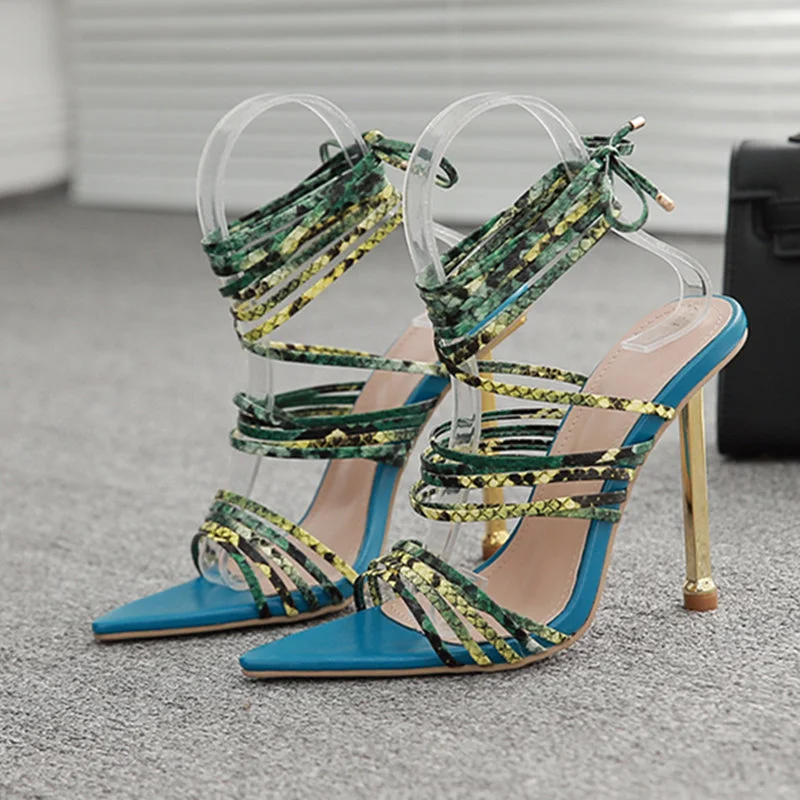  Women Sandals Rome Cross Lace Up Pointed Toe Stiletto Ankle Strap Party Shoes Women Sexy Sandals Big Size 42