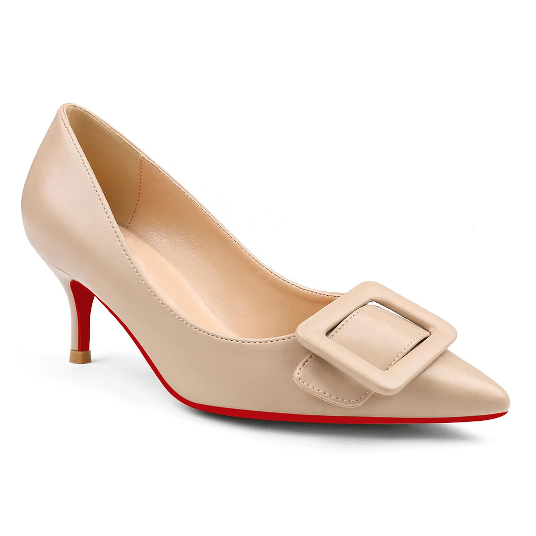 60mm Pointed Toe Square Buckle Decoration Red Bottom Kitten Heels Daily Pumps for Women Matte-MERUMOTE