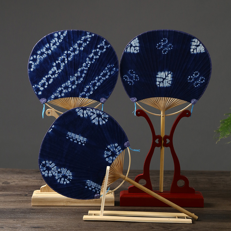 Starry Sky Blue Palace Court Hanfu Vintage Chinese Style Tie-Dye Cotton Dough Circular Fan Handmade