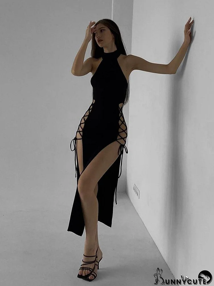 Sexy Halter Neck Cutout Double Slit Dress Slim Fit Maxi Dress