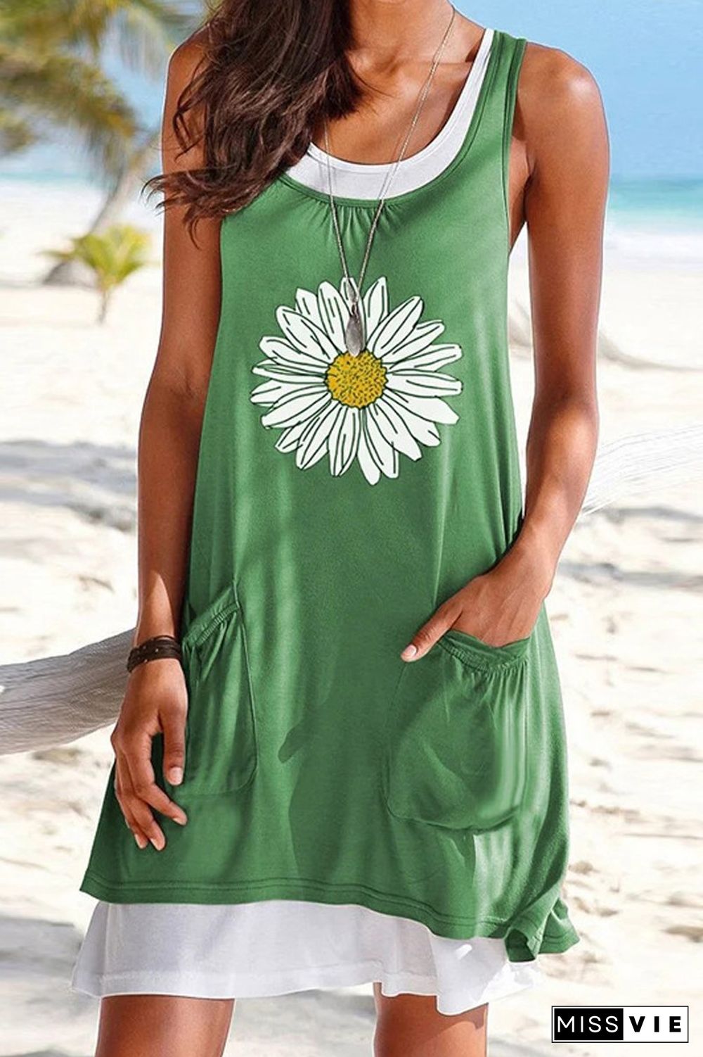 Sunflower Print Patchwork Sleeveless Dress
