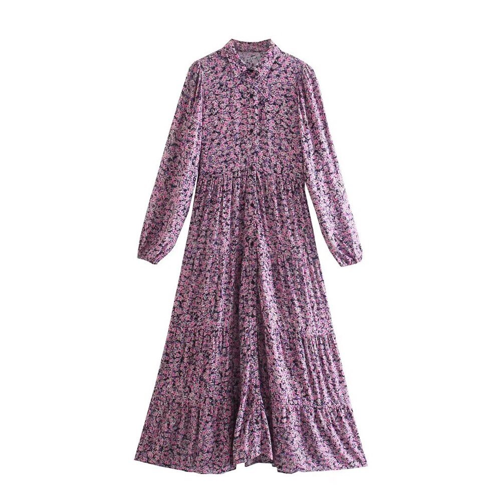 TRAF Women Fashion Floral Print Pleated Midi Dress Vintage Long Sleeve Button-up Female Dresses Vestidos Mujer