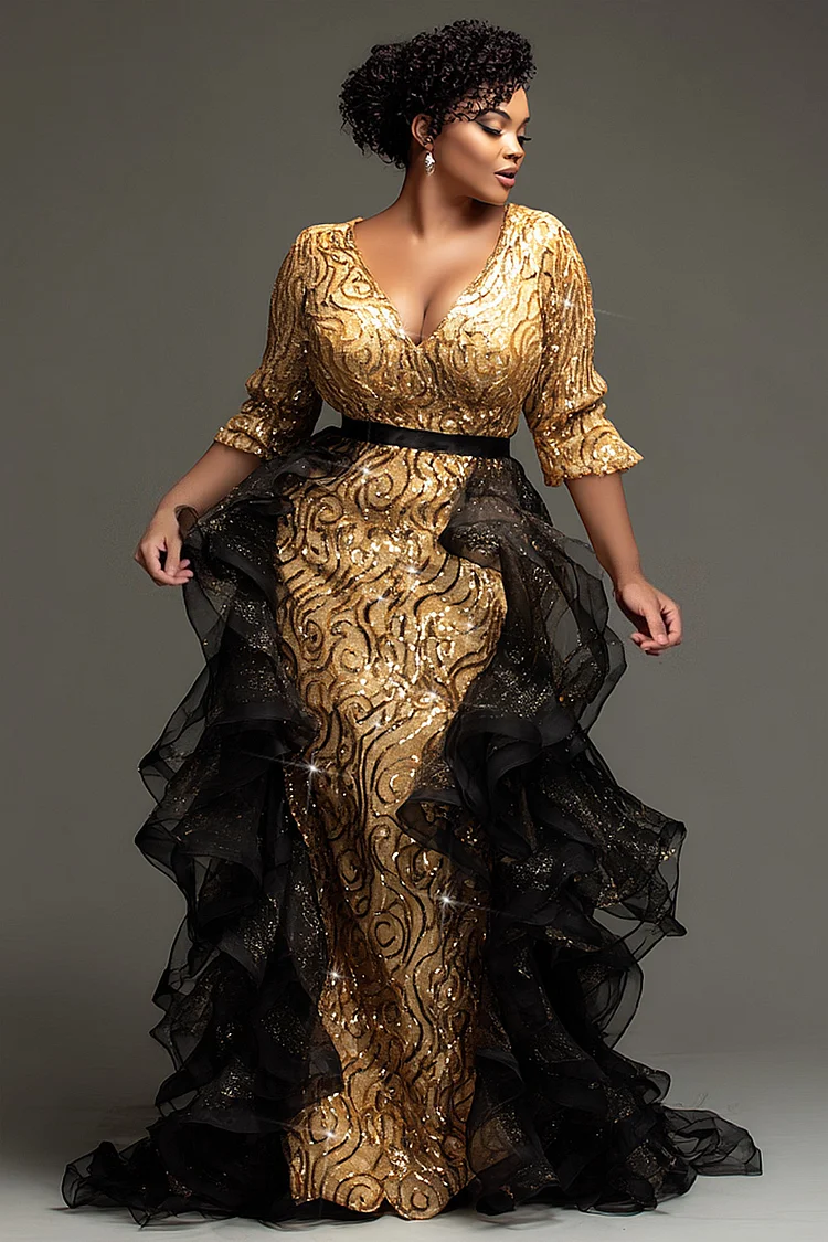 Xpluswear Design Plus Size Formal Gold V Neck 3/4 Sleeve Detachable Overskirt Elegant Ruffle Tulle Sequin Maxi Dresses [Pre-Order]