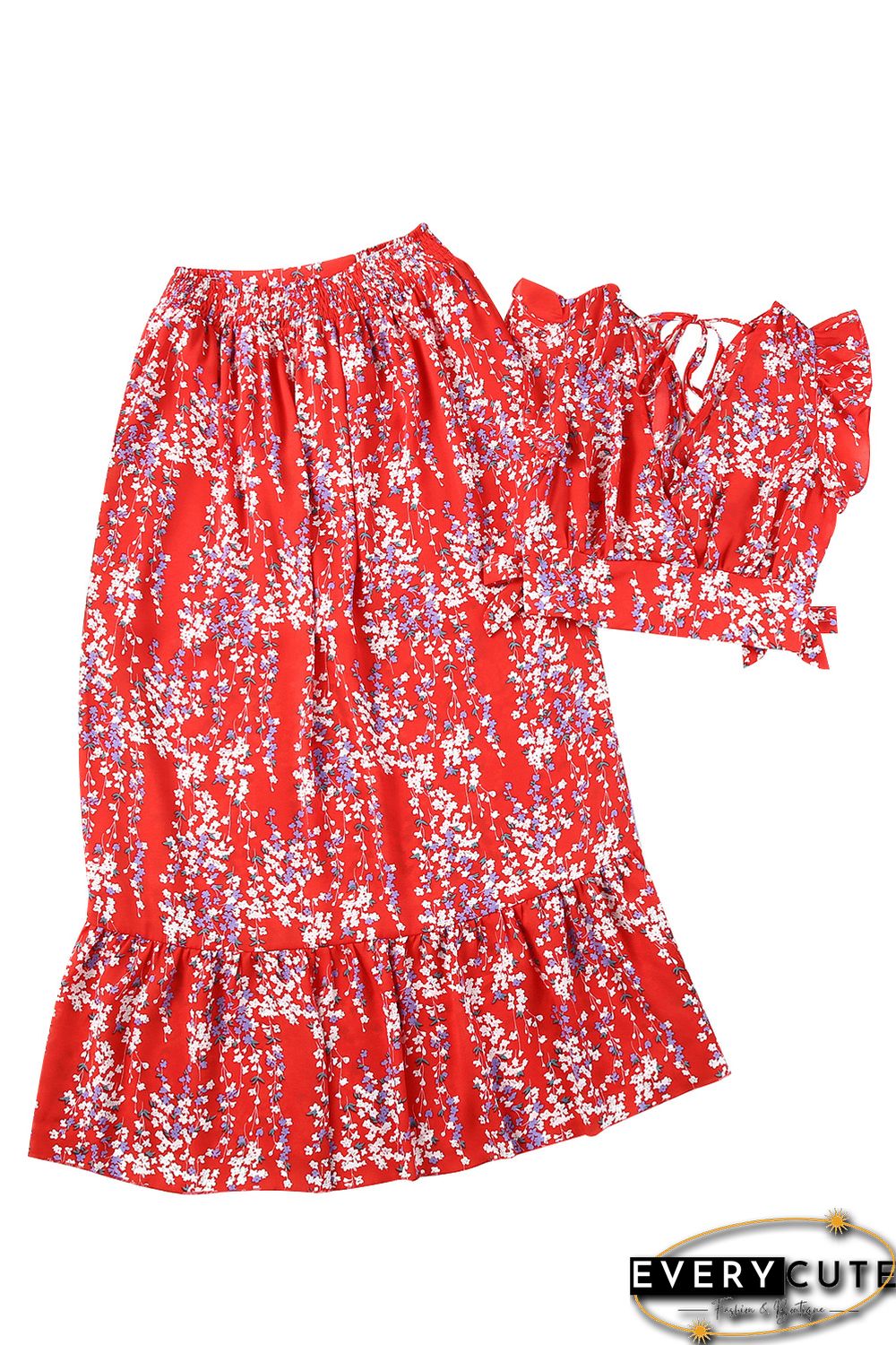 Red Multicolor Floral Ruffled Crop Top and Maxi Skirt Set