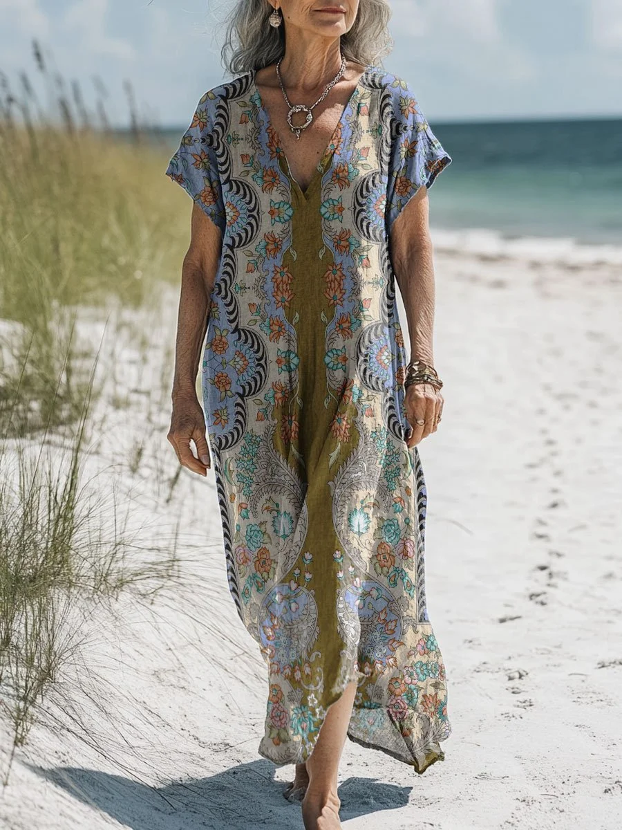Women's Vintage Flower Art Print Pocket Cotton Dress