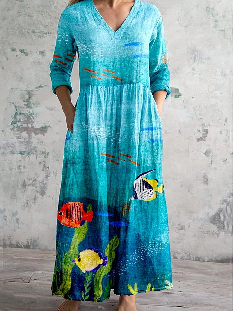 Women's Crew Neck Fluid Art Print Graphic Dress with Pockets