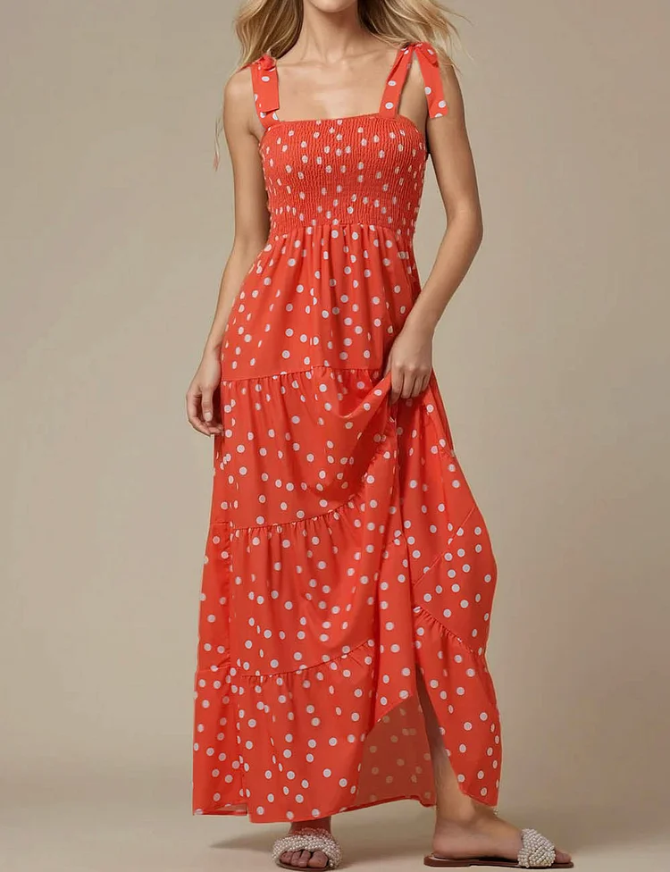 Ladies Summer Smocking Print Ruffle Maxi Dress P1333