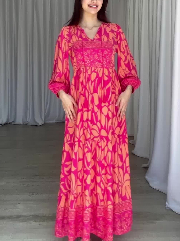 Fashion Print Lantern Sleeve Retro Slim Fit Long Dress | Oxredo Shop Ramadan Sale