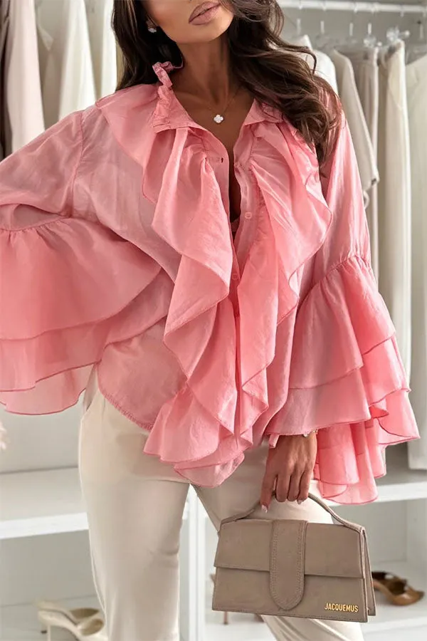 Breezy Touch Chiffon Layered Ruffles Long Bell Sleeve Button Up Loose Blouse