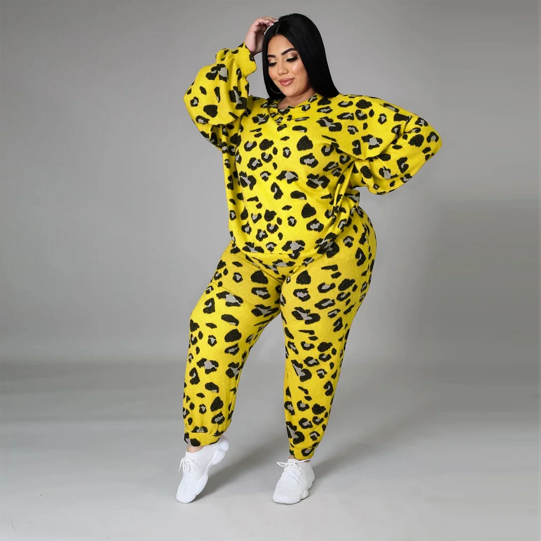 Sdrawing Size Women 5xl Sets Leopard Print Long Sleeve Tops And Pants 2023 Autumn Two Piece Sets Fashion Tracksuit Wholesale Clothes